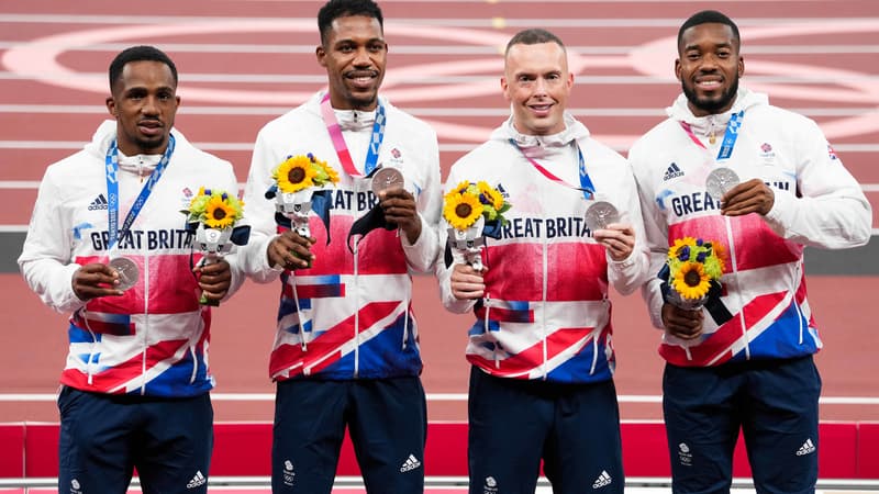 Le relais 4x100m britannique à Tokyo, avec Chijindu Ujah, Zharnel, Richard Kilty et Hughes Nethaneel Mitchell-Blake