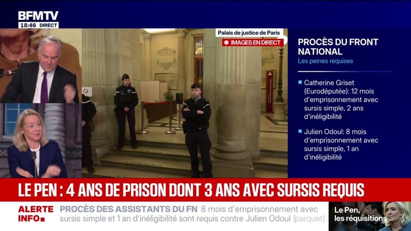 Procès FN: 4 ans de prison dont 3 ans avec sursis et 5 ans d'inéligibilité requis contre Marine Le Pen