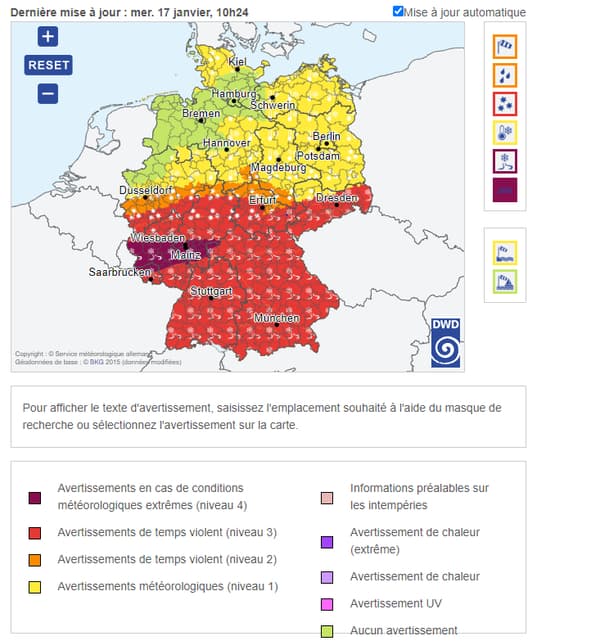 La moitié sud de l'Allemagne est en vigilance rouge en raison du froid et de la neige, le 17 janvier 2024. La moitié sud de l'Allemagne est en vigilance rouge en raison du froid et de la neige, le 17 janvier 2024.