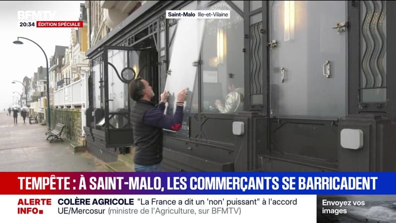 "Les clients, c'est quitte ou double, souvent ils viennent pour le spectacle et d'autres ont peur": à Saint-Malo, ce commerçant se barricade avant l'arrivée de la tempête Goretti