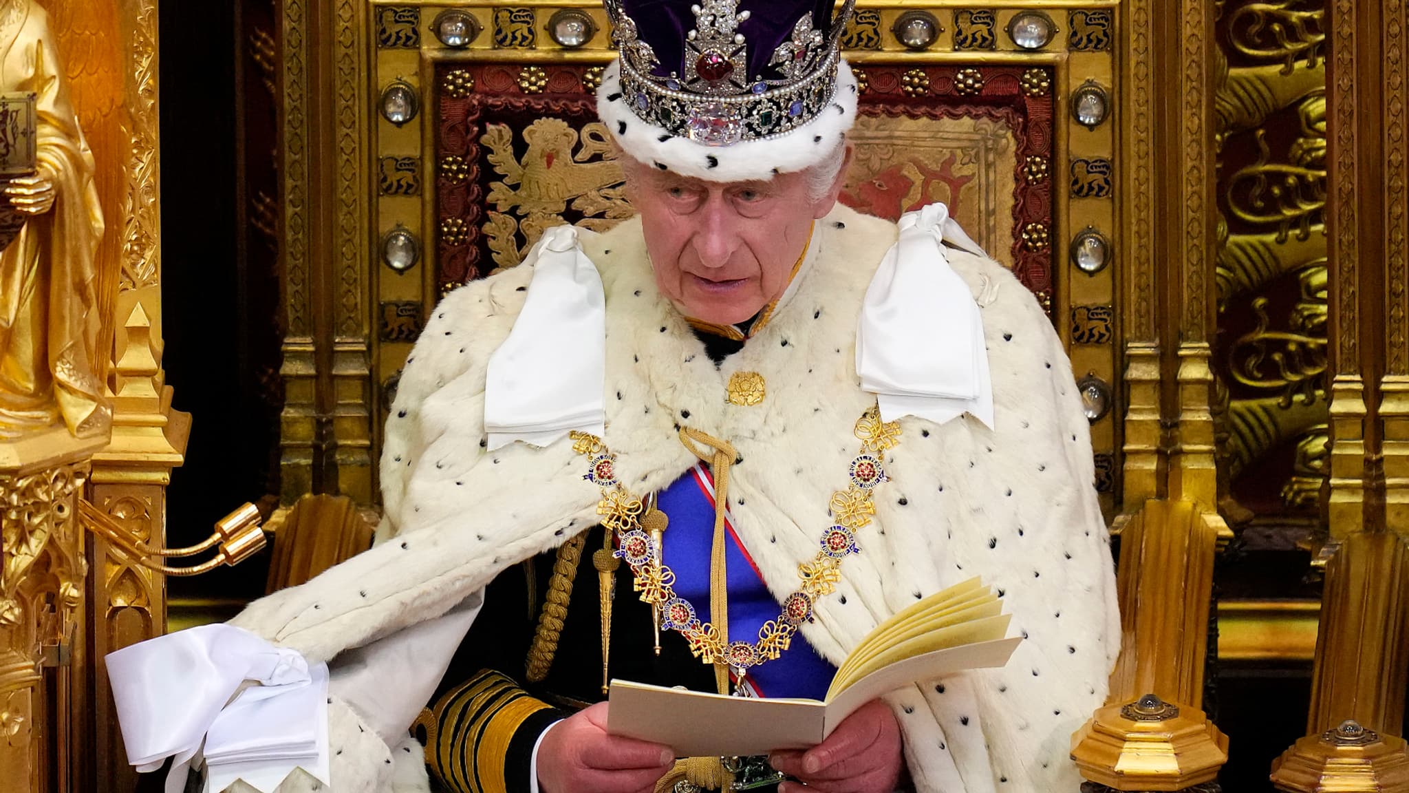 Le roi Charles III face au Parlement britannique, à Londres le 7 novembre 2023, pour son premier "King's speech". Le roi Charles III face au Parlement britannique, à Londres le 7 novembre 2023, pour son premier "King's speech".