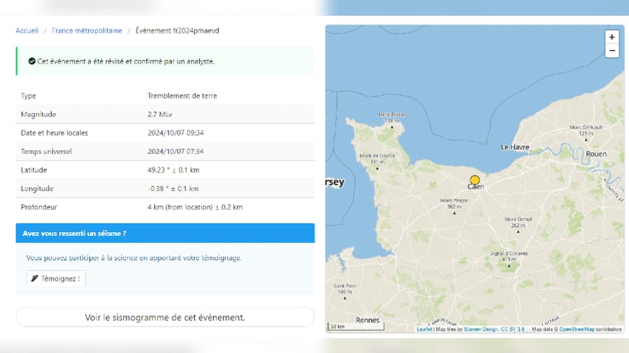 Un séisme de magnitude 2,7 a été ressenti dans la matinée de ce lundi 7 octobre 2024 à Caen (Calvados). Un séisme de magnitude 2,7 a été ressenti dans la matinée de ce lundi 7 octobre 2024 à Caen (Calvados).