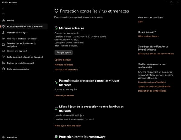 L'antivirus Windows offre de nombreuses options d'analyse en temps réel