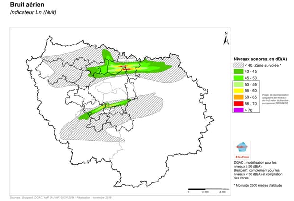 Les niveaux sonores en Ile-de-France en décibel sur la période nocturne Les niveaux sonores en Ile-de-France en décibel sur la période nocturne