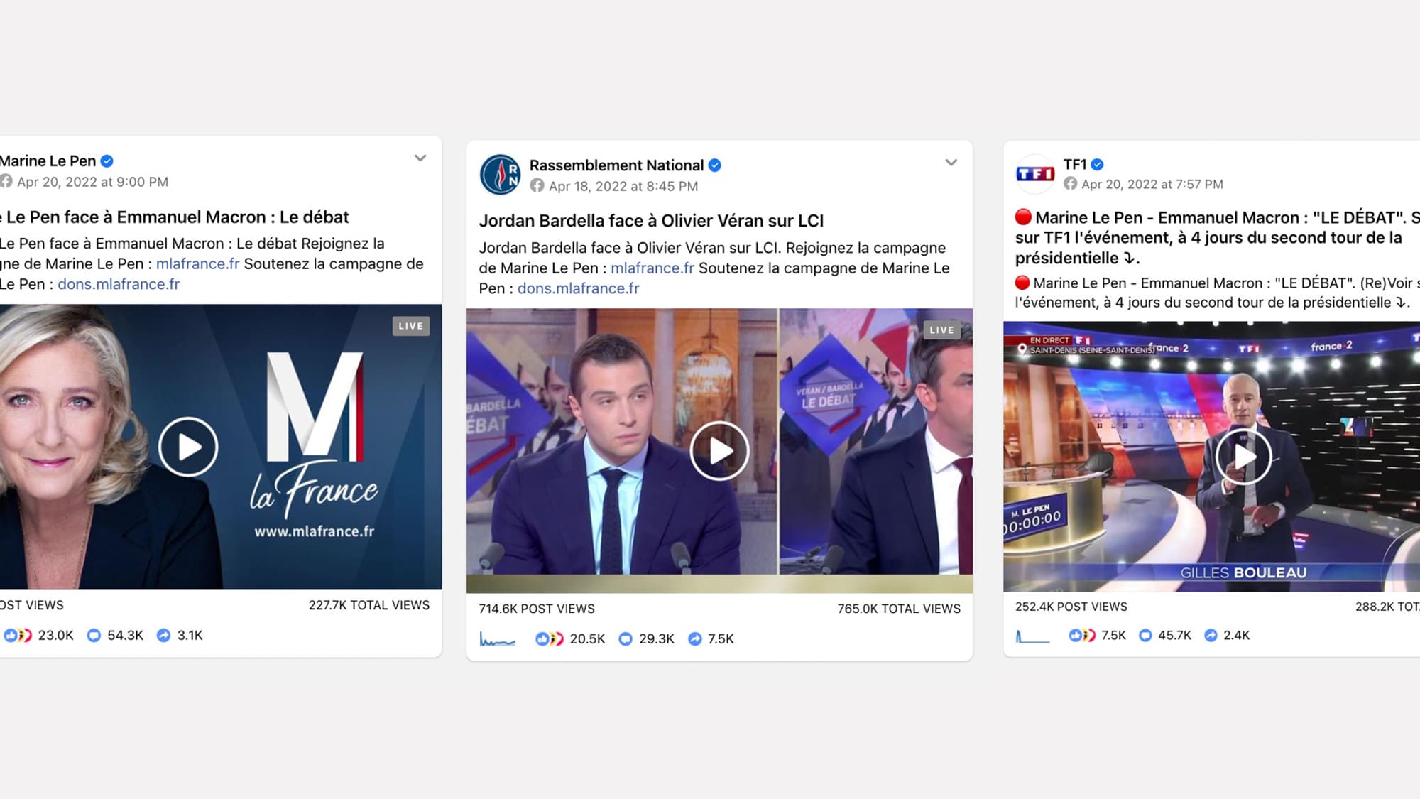 Les trois publications Facebook contenant le mot-clé "Marine Le Pen" et ayant récolté le plus d'interactions entre le 11 et le 21 avril 2022 Les trois publications Facebook contenant le mot-clé "Marine Le Pen" et ayant récolté le plus d'interactions entre le 11 et le 21 avril 2022