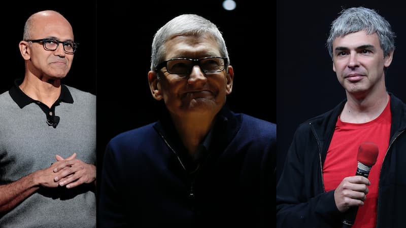 Satya Nadelle, CEO de Microsoft, Tim Cook, CEO d'Apple et Larry Page, CEO de Google.