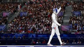 Enzo Lefort lors de la journée de l'équipe de France de fleuret, escrime, JO de Paris 2024, 4 août 2024