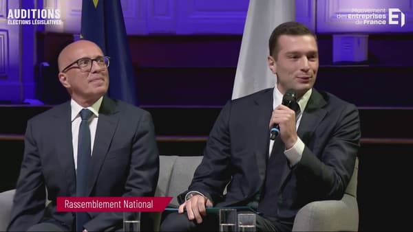 Éric Ciotti et Jordan Bardella ont présenté conjointement le programme économique de l'alliance RN-Les Républicains, jeudi, devant les organisations patronales, à Paris.