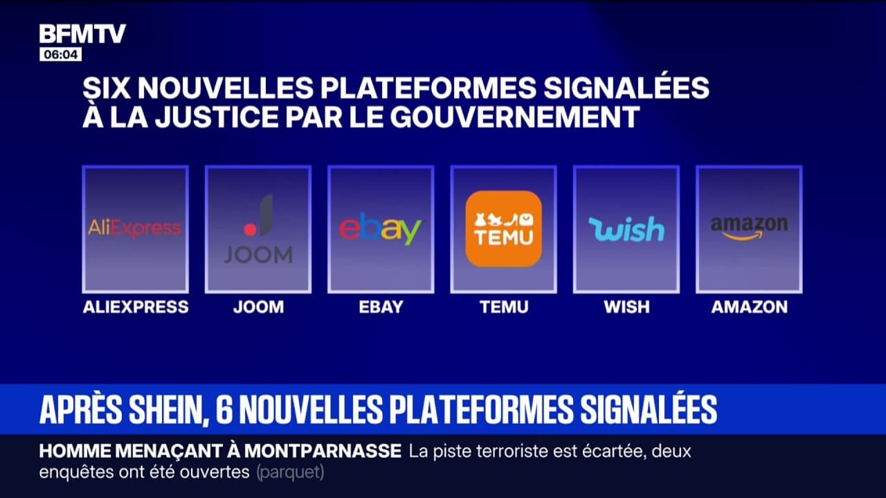 Illustration des plateformes Temu, Wish, eBay et Amazon signalées à la justice