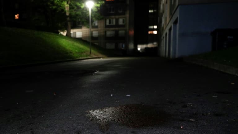 Une tâche de sang au pied d'une résidence faisant partie du "Hameau des Perroquets", à Champigny-sur-Marne, où un jeune de 17 ans a été tué le 18 mai 2021