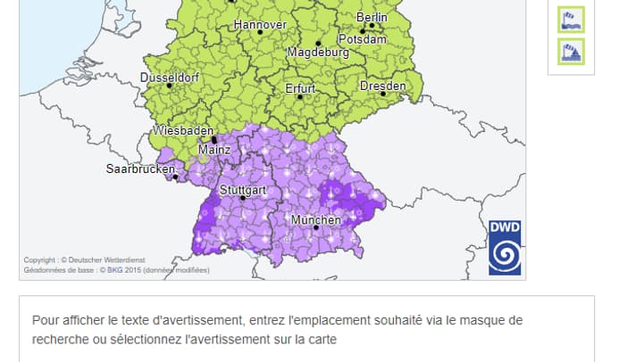 Carte des températures et des niveaux de vigilance en Allemagne le mardi 22 août 2023.