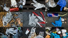 Plusieurs photos de gants de protection avec d'autres déchets par terre dans les rues de Paris, le 29 mars 2020