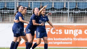 Ligue des champions : la joie de Mathilde Bourdieu et des joueuses du Paris FC, face à Arsenal le 9 septembre 2023