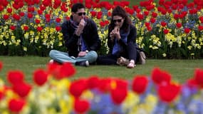 Un couple partage un moment intime dans un parc.