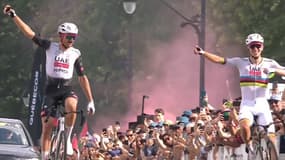 Brandon McNulty et Tadej Pogacar à l'arrivée du GP de Montréal, 14 septembre 2025