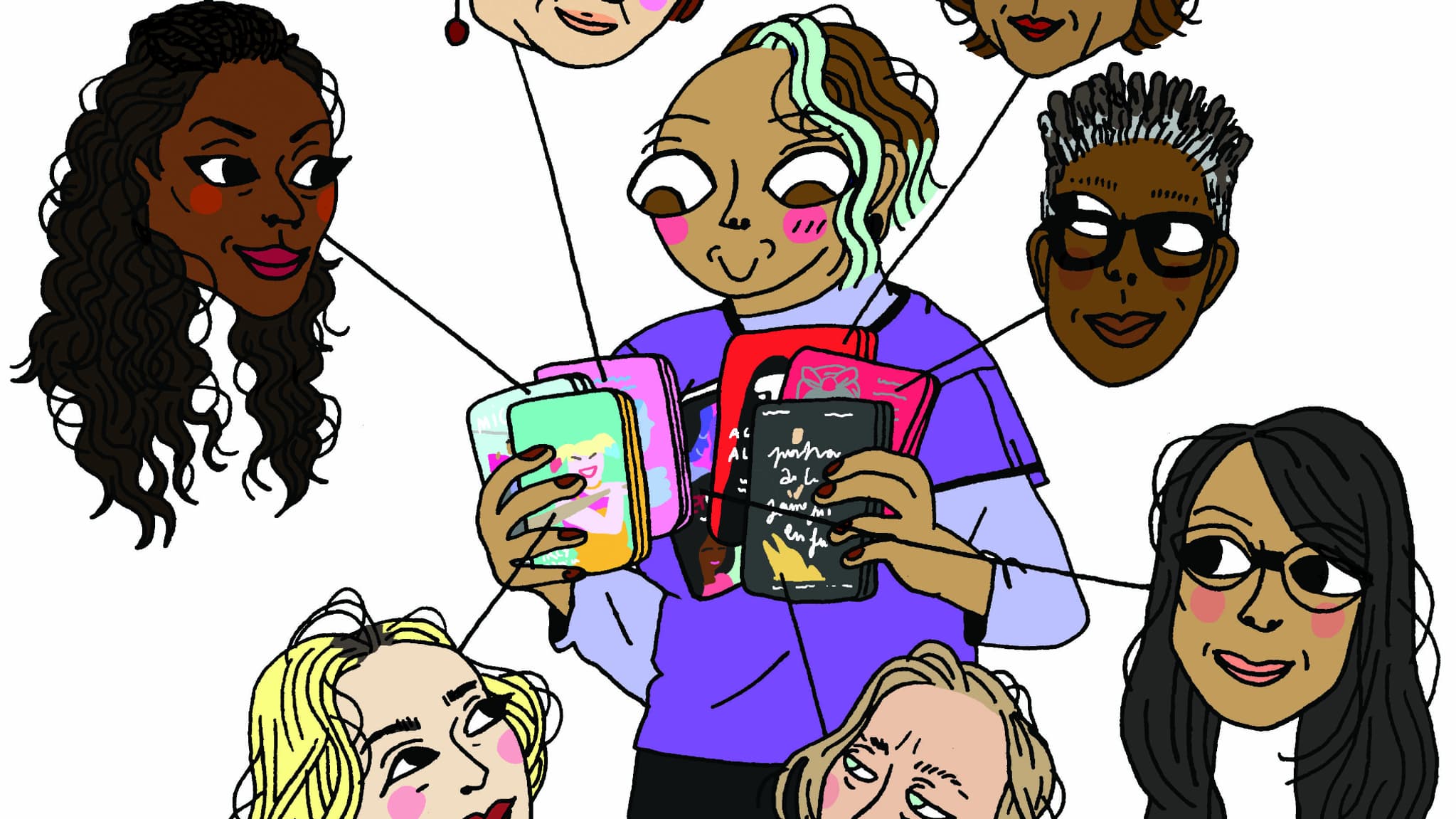 Différentes réalisatrices dessinées par Marion Malle: Agnès Varda, Ana Lily Amirpour, Cheryl Dunn, Sydney Freland, Céline Sciamma, Cathy Yan, Maïmouna Doucouré.