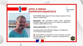 La gendarmerie du Rhône lance un appel à témoins pour tenter de retrouver Gilbert Février, 61 ans, disparu à Thurins (Rhône) depuis ce lundi 19 mai 