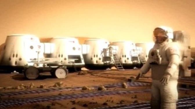 Vue d'artiste de ce à quoi pourrait ressembler une future base martienne du projet Mars One.