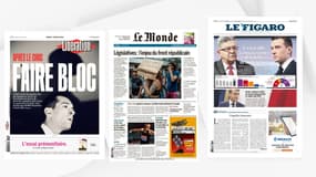 Les Unes des quotidiens Libération, Le Monde et Le Figaro, lundi 1er juillet 2024, au lendemain du 1er tour des élections législatives anticipées. 