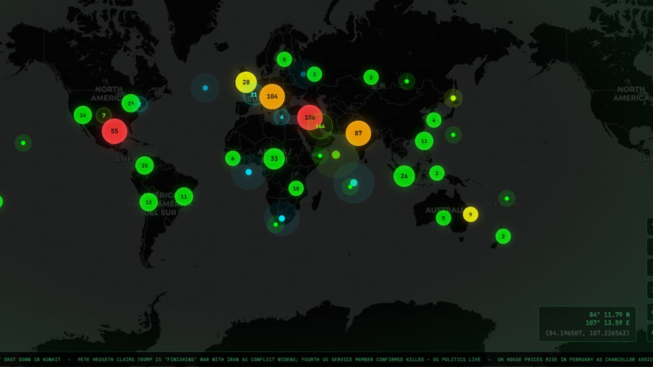 Capture d'écran du site "world-monitor.com". On peut y suivre les incidents par pays ainsi que les dernières actualités géopolitiques Capture d'écran du site "world-monitor.com". On peut y suivre les incidents par pays ainsi que les dernières actualités géopolitiques