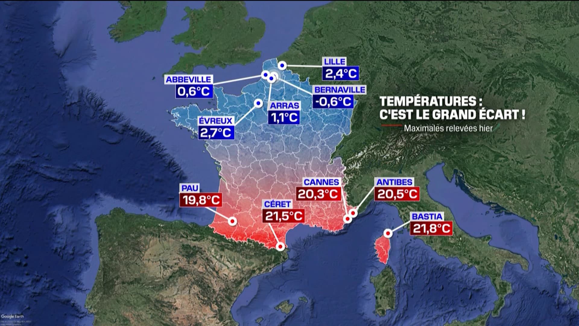 Températures maximales en France le jeudi 18 janvier 2024