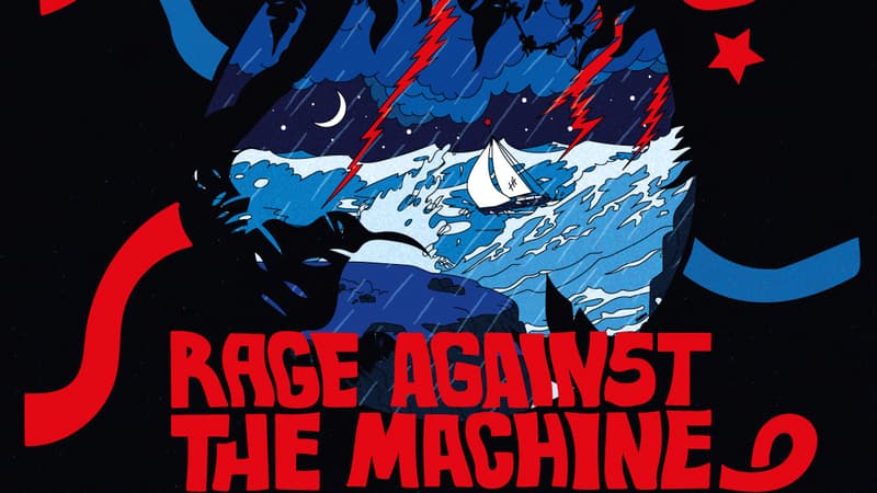 Détail de l'affiche du festival Rock en Seine annonçant la venue de Rage Against The Machine en août 2022