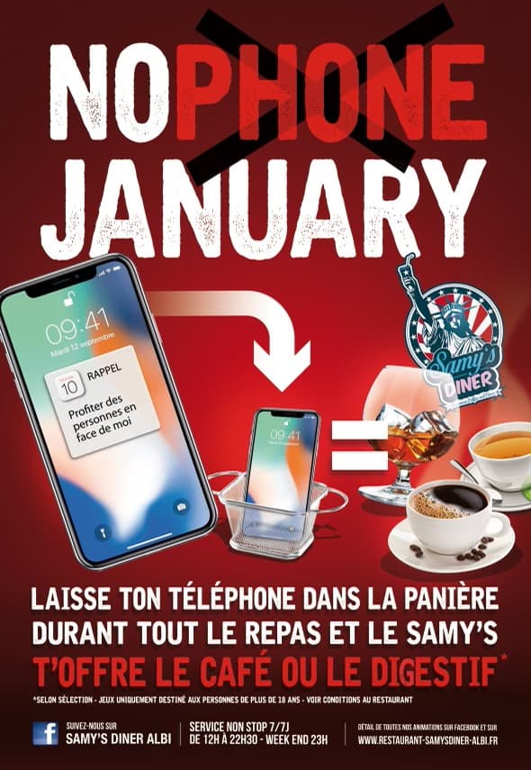 L'affiche proposant l'opération "No phone January" du restaurant d'Albi.