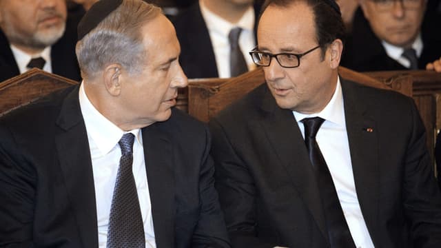 Benjamin Netanyahu et François Hollande dimanche soir à la Grande synagogue de Paris.
