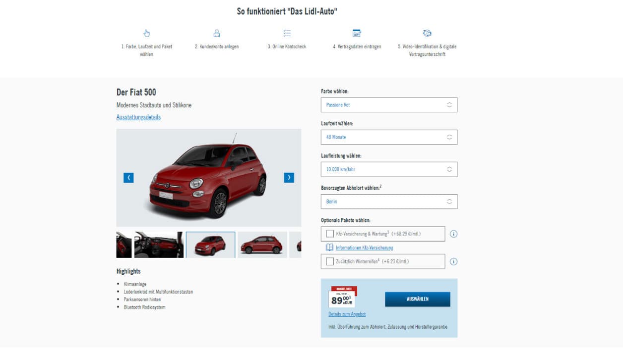 La configuration de la Fiat 500 se fait directement sur le site de Lidl