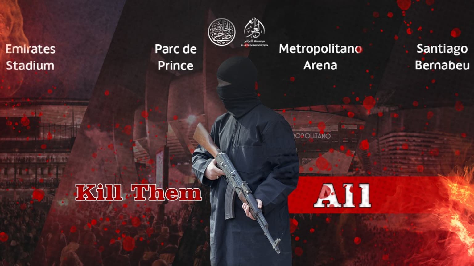 L'affiche de l'Etat islamique qui menace d'attaquer les stades des quarts de finale aller de la Ligue des champions (avril 2024) L'affiche de l'Etat islamique qui menace d'attaquer les stades des quarts de finale aller de la Ligue des champions (avril 2024)