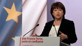 Martine Aubry a affirmé lors de ses voeux à la presse que le changement était "proche" en France et a souhaité "réussir 2011" pour que le candidat du Parti socialiste soit en mesure de gagner l'élection présidentielle en 2012. /Photo prise le 13 janvier 2