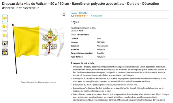Un drapeau erroné du Vatican en vente sur Amazon