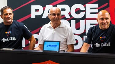 Bernard Lemaître entouré de Franck Azéma et Pierre Mignoni à Toulon, le 5 juillet 2022