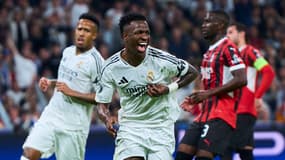 Le Brésilien Vinicius Jr célèbre son but sur penalty avec le Real Madrid contre l'AC Milan en Ligue des champions, le 5 novembre 2024