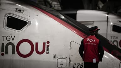 Un employé de la SNCF se tient près d'un TGV inoui sur un quai de la gare Montparnasse à Paris, le 6 mai 2025, deux jours avant la grève des transports ferroviaires prévue pour le week-end férié du 8 mai. 