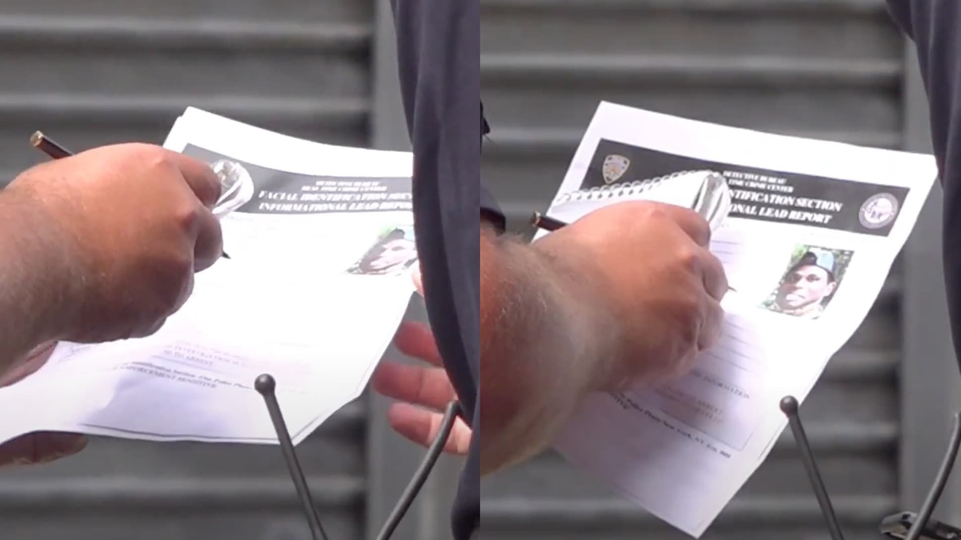 Capture d'écran de a vidéo montrant le document consulté par la police devant le domicile du suspect Capture d'écran de a vidéo montrant le document consulté par la police devant le domicile du suspect