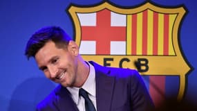 Lionel Messi lors de sa conférence de presse au Camp Nou de Barcelone, le 8 août 2021