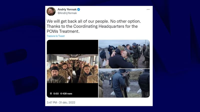 Tweet partagé par le directeur de cabinet de Volodymyr Zelensky montrant un nouvel échange de prisonniers réalisé entre Kiev et Moscou le 31 décembre 2022.
