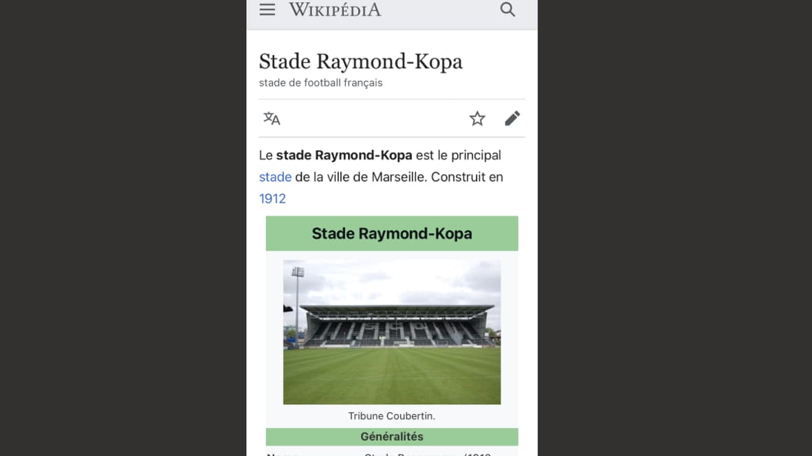 La page Wikipédia du stade Raymond-Kopa
