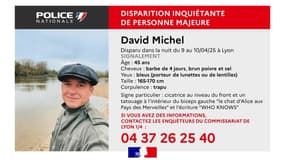 David MICHEL a disparu dans la nuit du 9 au 10 avril 2025 à Lyon et n'a plus donné de nouvelles depuis. 