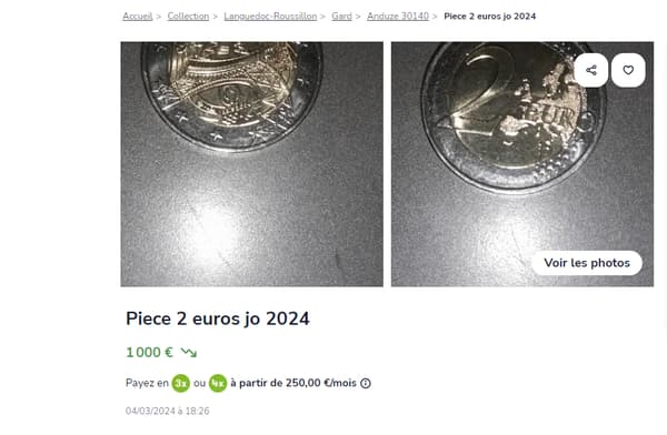 Une pièce de 2 euros des jeux olympiques 2024, destinées aux écoliers, proposée à 1.000 euros sur le site de petites annonces leboncoin, le 22 mars 2024. 