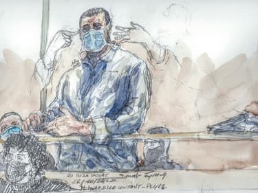 Un croquis d'audience d'Ali Riza Polat, au procès des attentats de janvier 2015, à la cour d'assises spéciale de Paris, le 26 octobre 2020.