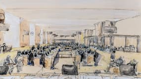 Croquis de la salle d'audience au Palais de Justice de Paris lors du premier jour du procès des attentats du 13-novembre, le 8 septembre 2021