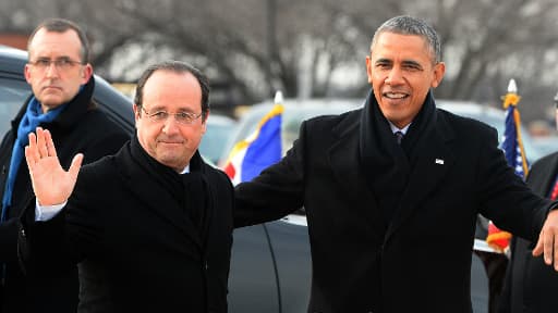 François Hollande accueilli lundi par Barack Obama sur la base aérienne de d'Andrews, à l'est de Washington.