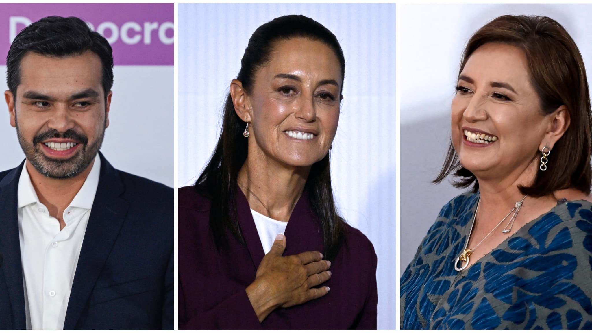 Les trois candidats à l'élection présidentielle au Mexique, Jorge Alvarez Maynez (g), Claudia Sheinbaum (c), Xochitl Galvez (d)