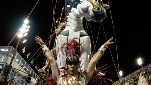 Des danseurs de l'école de danse Estacio de Sa samba lors du défilé du carnaval, à Rio au Brésil, le 7 février 2016