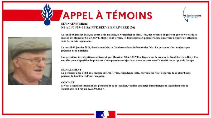 Un appel à témoins a été émis après la disparition d'un octogénaire habitant à Neufchâtel-en-Bray. 
