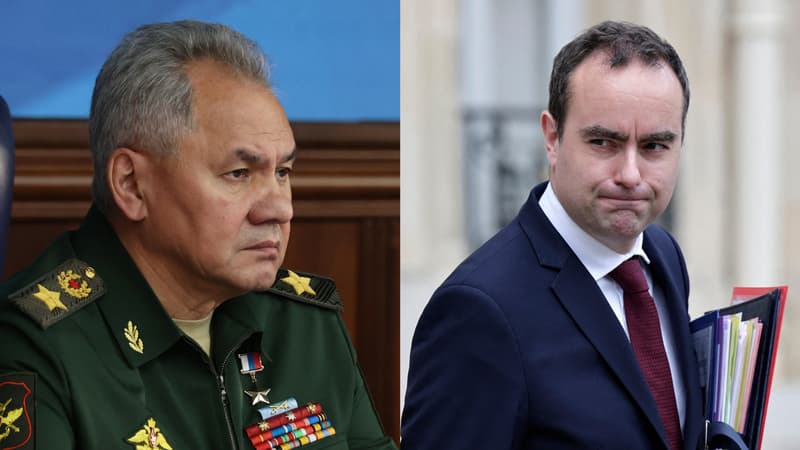 Le ministre de la Défense russe Sergueï Choïgou (gauche) au Centre de contrôle de la défense nationale à Moscou le 19 décembre 2023 et le ministre français des Armées Sébastien Lecornu (droite) à la sortie l'Élysée, le 6 mars 2024.