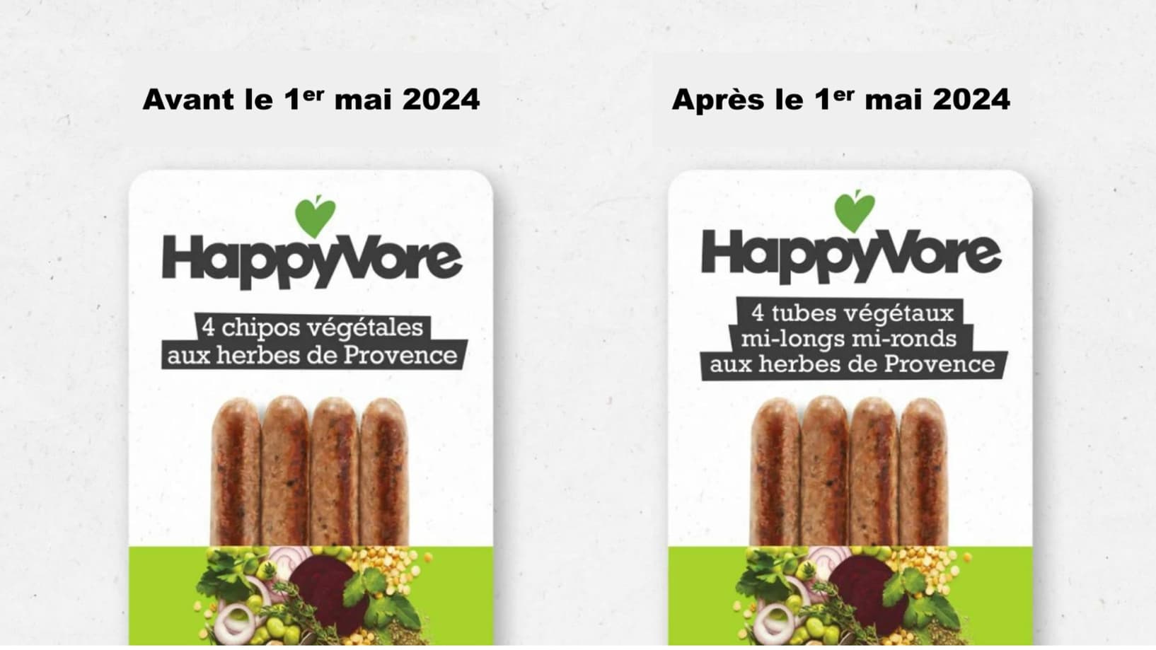 HappyVore réagit en présentant ses "tubes végétaux mi-longs mi-ronds aux herbes de Provence"