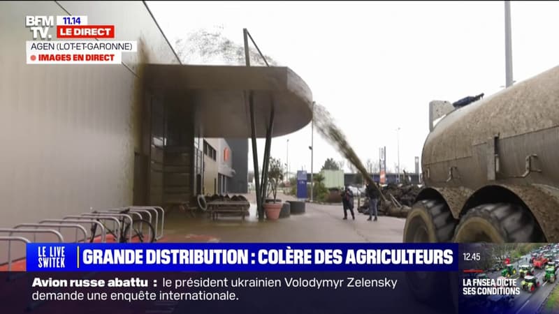 Colère des agriculteurs: du lisier projeté sur la façade d'un supermarché à Agen